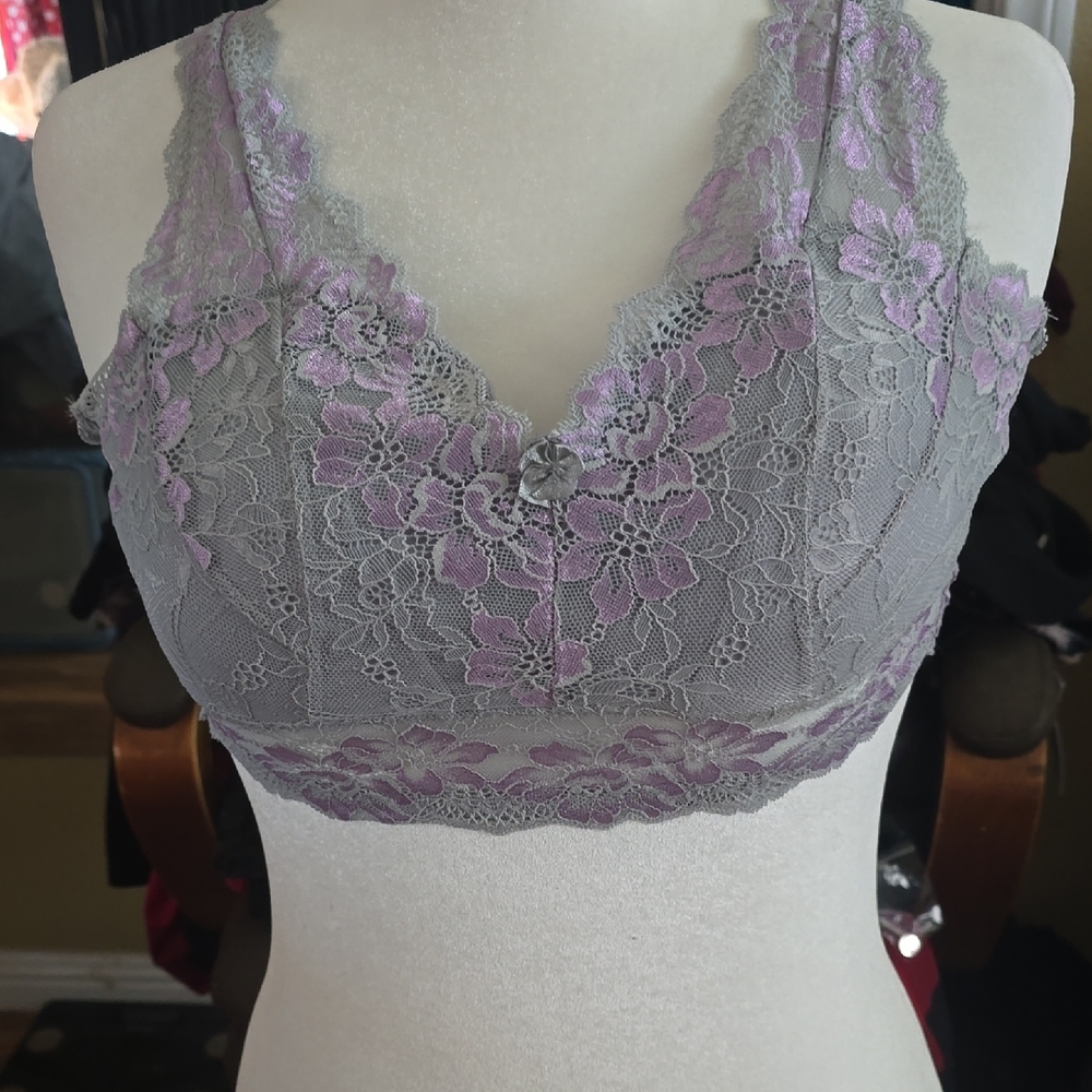 Rhonda Shear Gray and Purple Lace Bra with Plunging V-Neckline